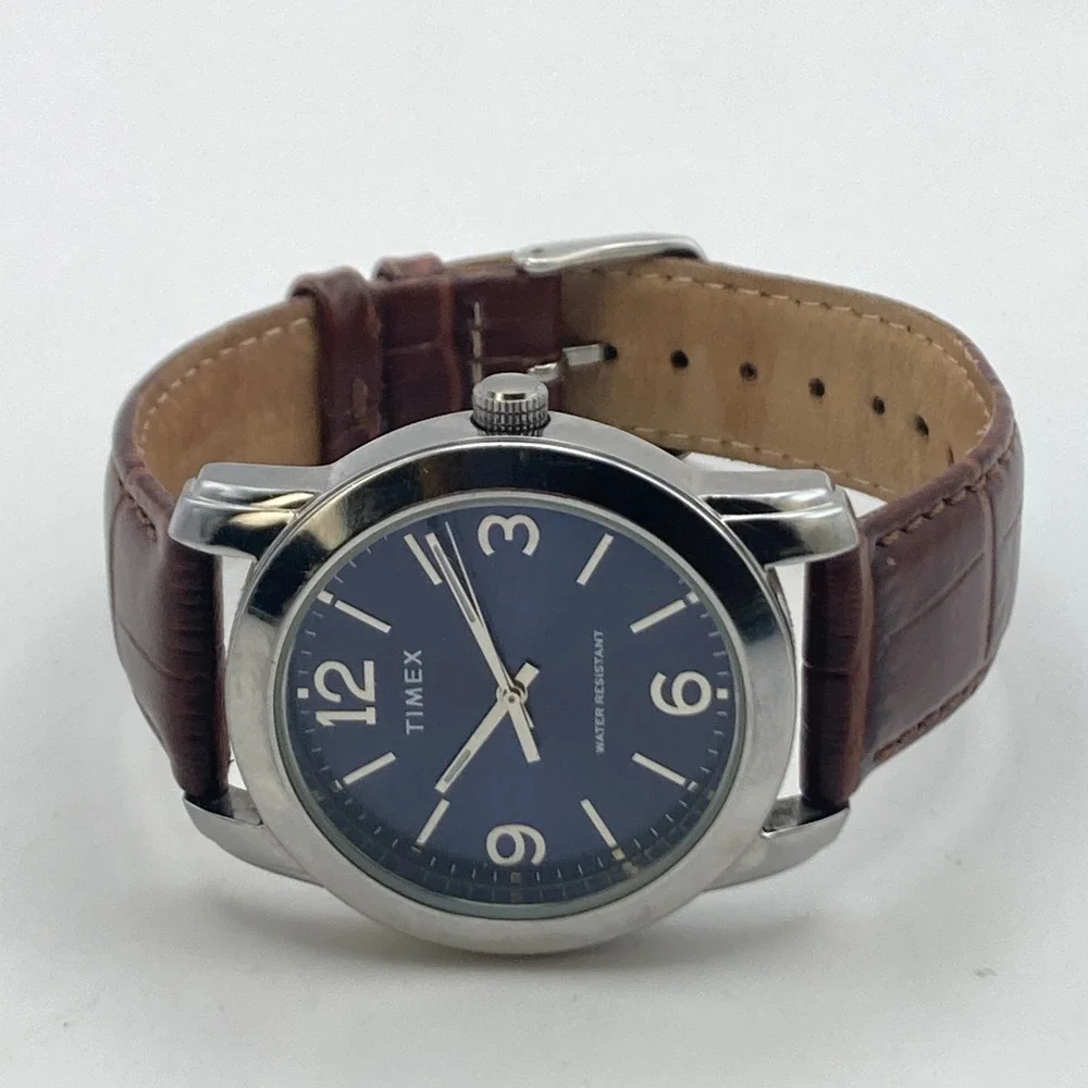 Timex Mens Watch 39mm Silver Tone Blue Striped Dial Leather WR New Battery 9.25